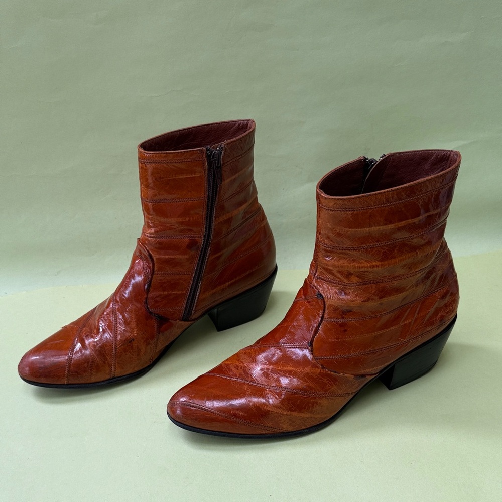 Orange Vintage Eel/Leather Western Wear Ankle Boots Handmade in Mexico